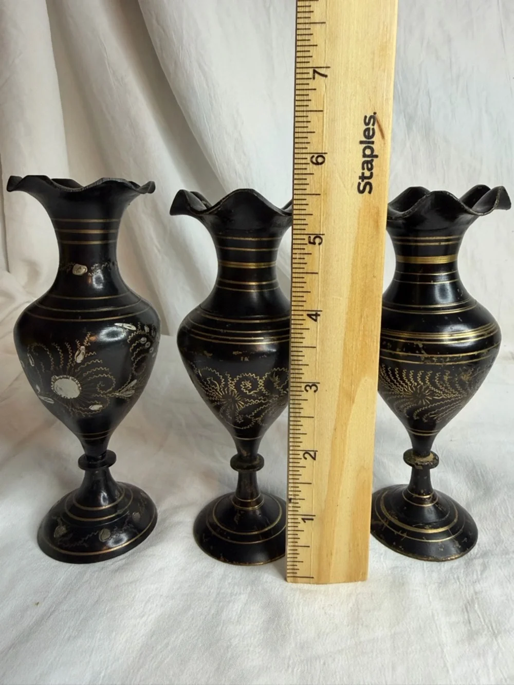 Vintage Hand-Etched Brass Bud Vases - Set of 3